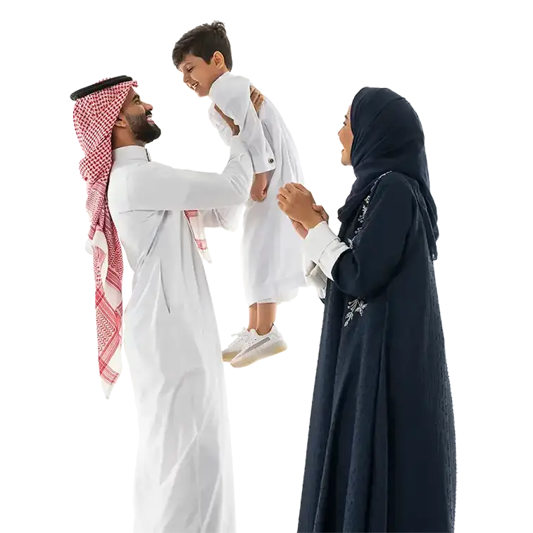 an image of a Saudi family, with the father holding the his son up