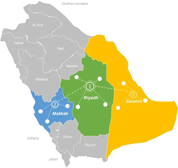 Map of saudi arabia highlights the Expansion locations of ability center in the next 3 Phases